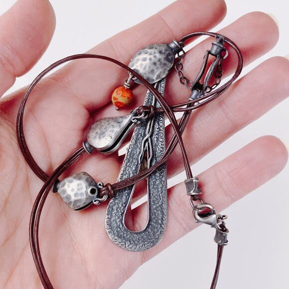 VTG Signed Silpada N1950 925 Sterling Silver Leather Teardrop Pendant Necklace - Picture 5 of 11